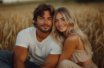 Romantic Couple Embracing with Joy in Golden Wheat Field Against Sunset Sky