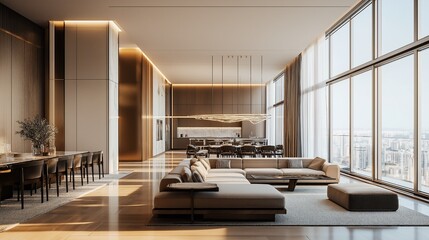 Interior of a luxury home's living room featuring a dining area, a lounge, and a panoramic window