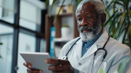 Aufkleber - A man in a white lab coat is looking at a tablet