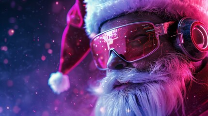 Portrait of Santa Claus wearing virtual reality goggles. Christmas concept.