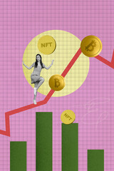 Poster - Vertical collage young girl reach success positive statistics bitcoin nft trader charts stocks improvement growth virtual currency trader
