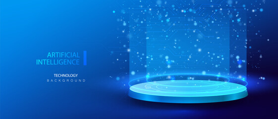 hologram sci-fi ai podium on blue background. stage teleport artificial intelligence with neon light