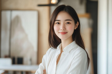 Smiling beautiful businesswoman in modern office. Candid, portrait and businesspeople concept