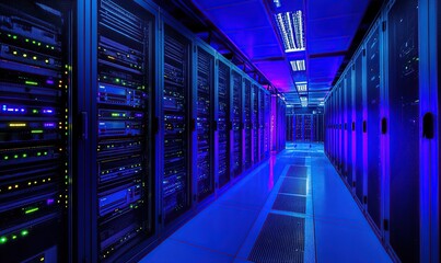 Poster - A large server room with rows of high-end supercomputers, with blue lighting and a dark background