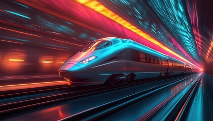 High-speed train on a sleek track, vibrant motion blur, soft lighting, futuristic design, photo-realism