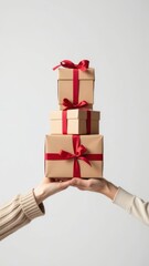 Wall Mural - Hands holding a stack of gift boxes wrapped in brown paper, tied with red ribbons, holiday season concept