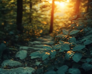 Canvas Print - Hiking in the forest, vibrant greenery, soft lighting, dynamic movement, serene atmosphere, photo-realistic