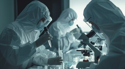 Poster - Three scientists in lab coats are working on an experiment
