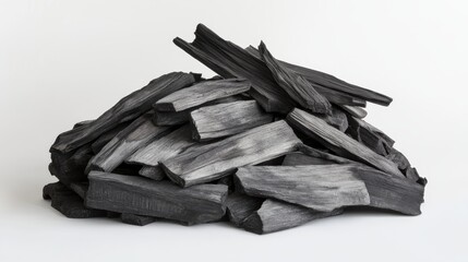 Wall Mural - Pile of black charcoal pieces forming a small mound on white background