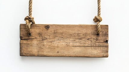 Sticker - Old empty wooden sign hanging on rustic ropes against a white background