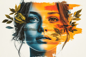 Poster - Abstract portrait blending realism and nature with vibrant colors and leaf motifs on a woman’s face creating duality and depth.