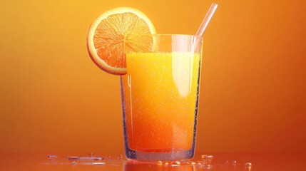 Poster - A refreshing glass of freshly squeezed orange juice, glistening with condensation, served with a slice of orange on the rim and a straw, capturing the essence of summer.