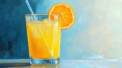 Poster - A refreshing glass of freshly squeezed orange juice, glistening with condensation, served with a slice of orange on the rim and a straw, capturing the essence of summer.