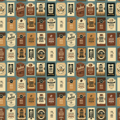 Vector seamless pattern on coffee and coffee house theme with various labels for coffee beans in retro style. Can be used as wallpaper or wrapping paper