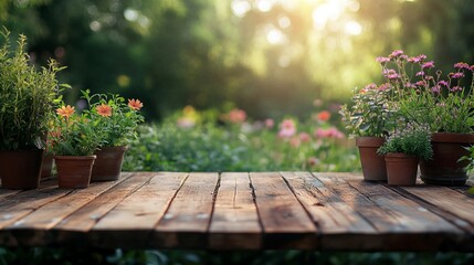 Canvas Print - Empty wooden table displaying flower pots in a blooming garden