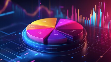 Fototapete - A rotating 3D pie chart with colorful, glossy slices, showing data analysis trends in a futuristic environment, with floating percentages and digital lines