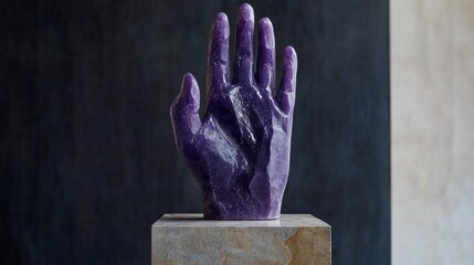 Poster - Purple stone sculpture of a hand on display pedestal, artistic expression concept