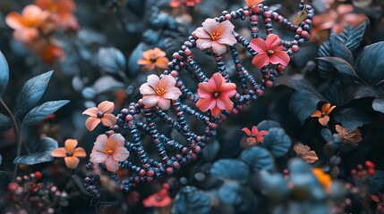 Wall Mural - dna sequence with floral details, symbolizing genetic engineering and bioengineering advancements, exploring the relationship between biotechnology and genetic modification techniques