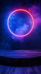 Poster - Round empty platform illuminating neon circle on the back with smoke and blue and pink lights