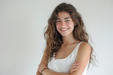 Wall Mural - Portrait of a young woman with a radiant smile and arms crossed, white background , background blur