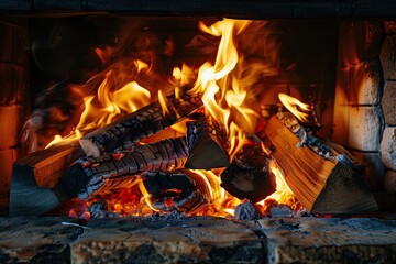 Cozy fireplace with burning logs and glowing embers, perfect for winter warmth