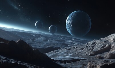 a planet with three moons, space background, planets orbiting the sun, blue and black colors