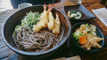 Poster - A rustic wooden table set for a meal with a large bowl of soba, accompanied by tempura vegetables and a refreshing side salad, evoking a cozy dining experience.