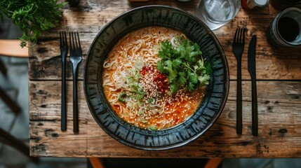 Poster - A rustic wooden table set for a meal with a large bowl of spicy ramen, garnished with chili oil, sesame seeds, and fresh herbs, evoking a cozy and inviting dining experience