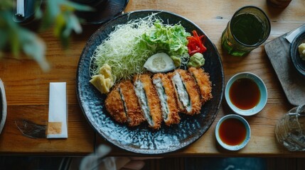 Poster - A rustic wooden table set for a meal with a large plate of tonkatsu, accompanied by a fresh salad, dipping sauce, and a chilled glass of green tea, inviting a casual dining experience