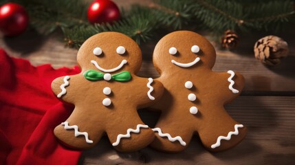 Two decorated gingerbread cookies lie side by side, exuding festive warmth amid a holiday backdrop.