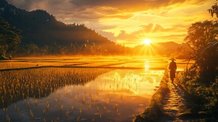 Poster - A serene landscape of rice fields at sunset, with warm golden hues reflecting on the waterlogged paddies and a farmer walking home, creating a peaceful and tranquil scene.