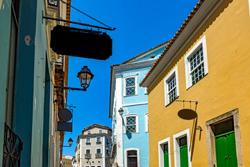 Old colonial style houses with bold colors in the historic Pelourinho neighborhood in the city of Salvador