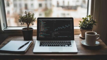 Poster - A serene workspace featuring a desk with a laptop displaying financial graphs, a cup of coffee, and a notepad, highlighting a calm environment for analyzing market trends