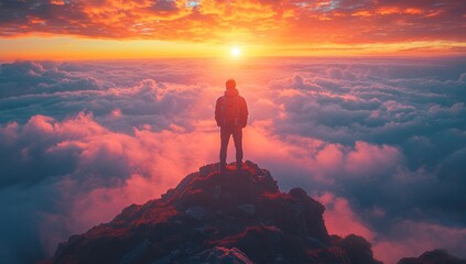 Canvas Print - Man Standing on a Mountaintop at Sunrise