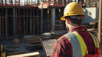 Poster - A site engineer analyzing structural integrity on-site, with measuring tools and safety gear, capturing the essence of precision and responsibility in construction projects.