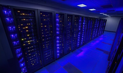 Poster - A large server room with rows of high-end supercomputers, with blue lighting and a dark background
