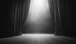 © musa - Black velvet curtains are drawn open to reveal an empty stage illuminated by a bright spotlight, with a haze of smoke filling the air.