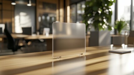 Poster - A transparent glass tablet screen mockup is prominently displayed on a polished desk in a modern office