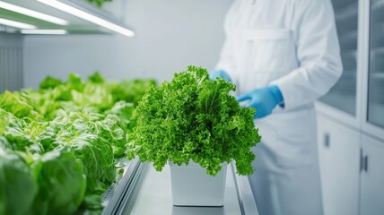 Wall Mural - A person in a lab coat and gloves tends to vibrant, fresh lettuce in a controlled environment, showcasing the importance of clean agricultural practices.