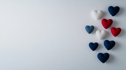 Poster - A collection of three-dimensional hearts in various colors and sizes appear to float against a white background, creating a layered look with ample copy space to the right