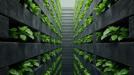 Wall Mural - A modern vertical garden showcasing rows of vibrant green plants arranged in a structured, innovative design.