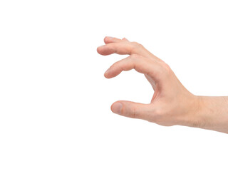 A man's hand holding something small isolated on a white background.