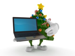 Poster - Christmas tree character holding laptop