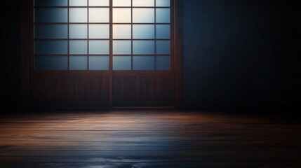 Poster - A wooden sliding door features a frosted glass pattern, set in a minimalist room. Soft ambient lighting creates a tranquil atmosphere with ample copy space