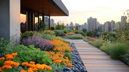 Sticker - Stunning Cityscape View from Rooftop Garden