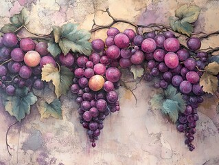 Wall Mural - Close Up Still Life Painting of Ripe Purple Grapes with Green Leaves