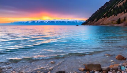 Wall Mural - Spectacular五色日落at Issyk-Kuluk Lake with Mountains in Kyrgyzstan