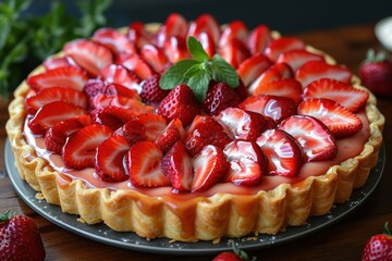 Wall Mural - Tarte aux Fraises A beautiful Tarte aux Fraises with fresh strawberries arranged on a pastry crust, topped with a shiny glaze.