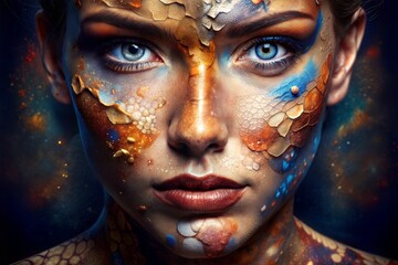 Close-up portrait of woman with vibrant galaxy makeup design