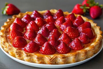 Wall Mural - Tarte aux Fraises A beautiful Tarte aux Fraises with fresh strawberries arranged on a pastry crust, topped with a shiny glaze.